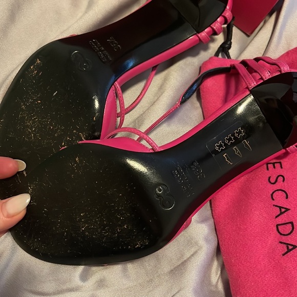 Escada Barbie Pink with Black and white Polka Dot Strappy Stilettos 👠 6.5 - Picture 7 of 12